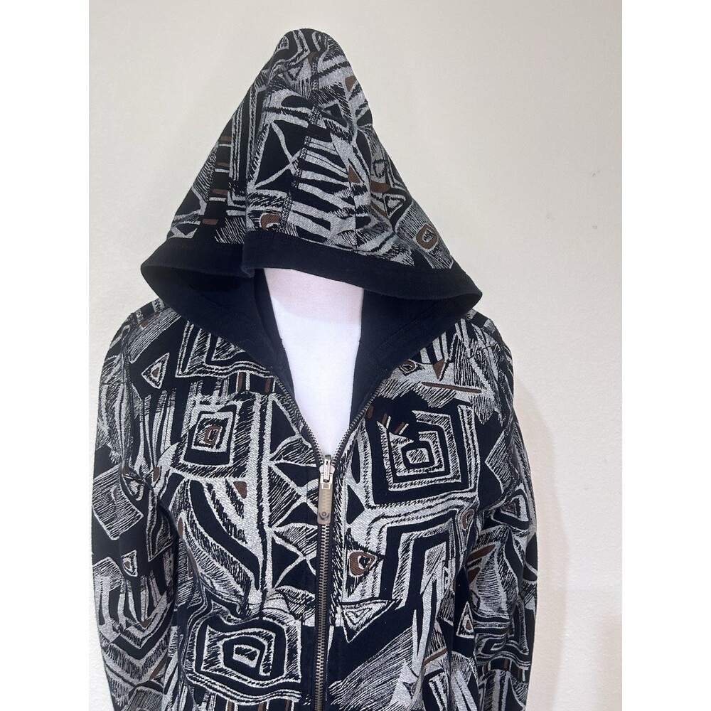 Zenergy Chicos Jacket Womens Size 0 Hooded Black Gray Geometric Full Zip Pockets